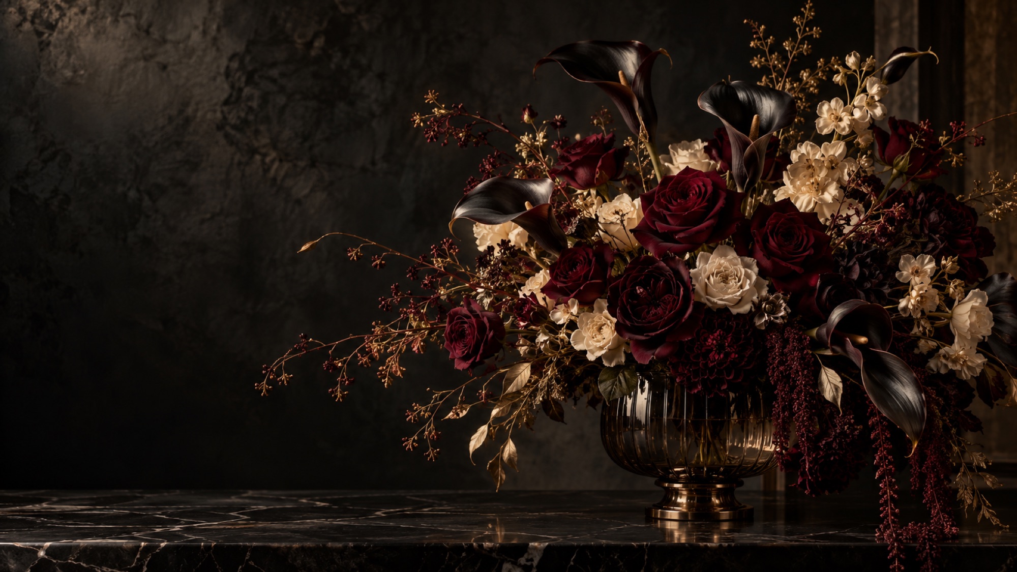 Dark red and ivory floral arrangement in the Floris Fleur atelier