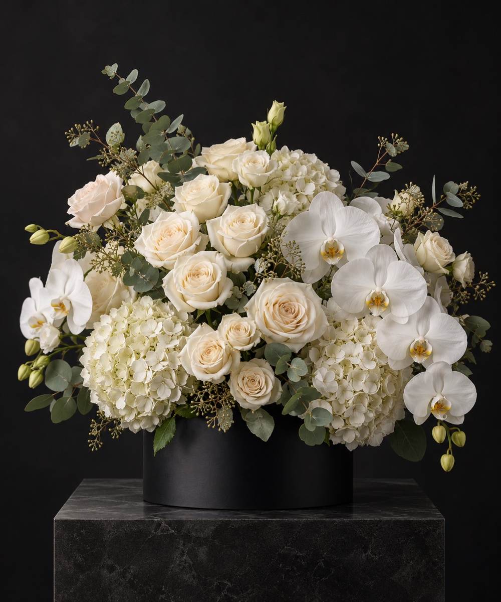 Ivory flowers in a black box